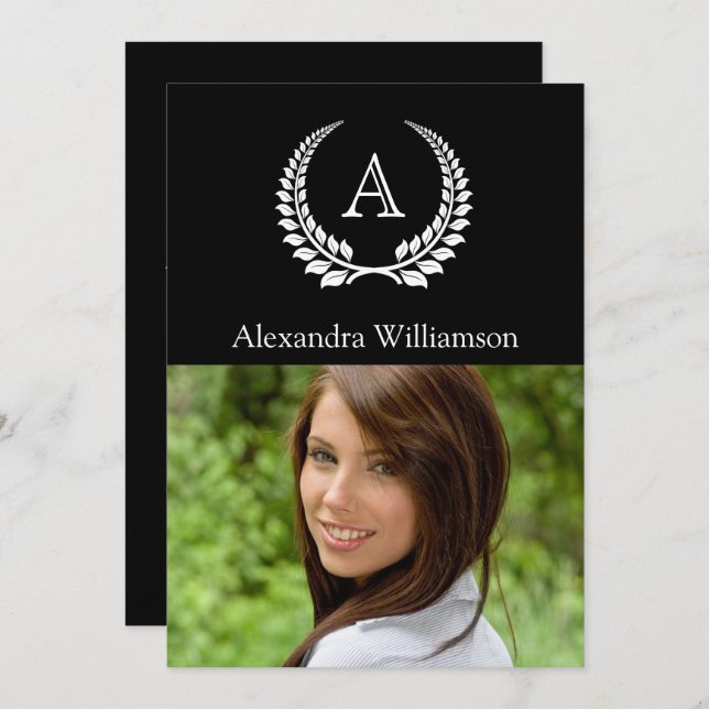 Convites Monograma Laurel Black/White (Frente/Verso)