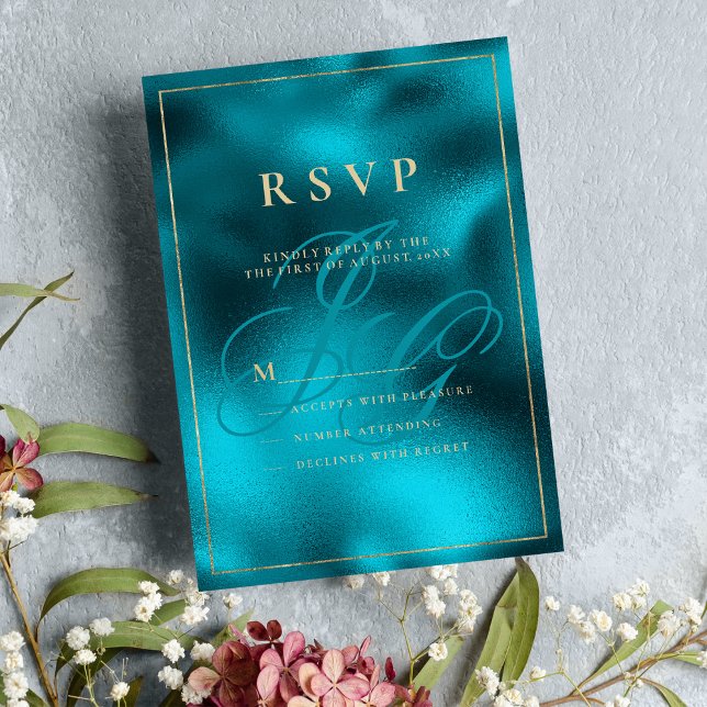 Convites Monograma metálico turquesa RSVP (Turquoise metallic monogram initials RSVP)