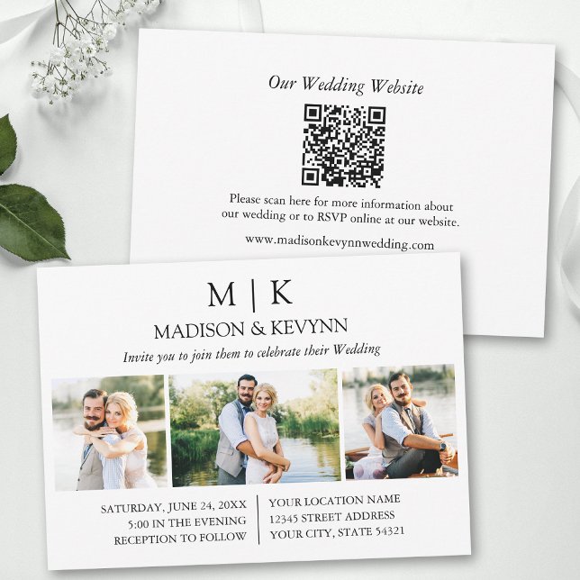 Convites Monograma Minimalista Código QR Casamento 3 Foto (Add your wedding website or social media web address to the QR Scan Code.)