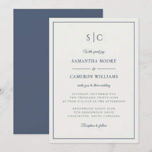 Convites Monograma Minimalista Moderno para Casamento Azul 