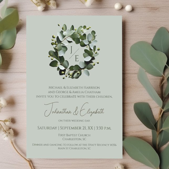 Convites Monograma Moderno Eucalyptus Wreath | Sage Green (Sage Green Modern Monogram Eucalyptus Wreath Wedding Invitation)