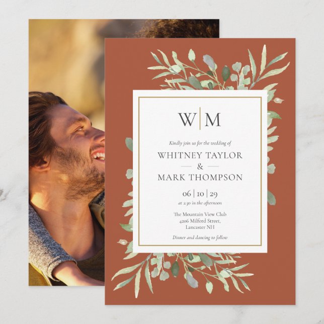 Convites Monograma Moderno Foto de Casamento com Folhagens  (Frente/Verso)