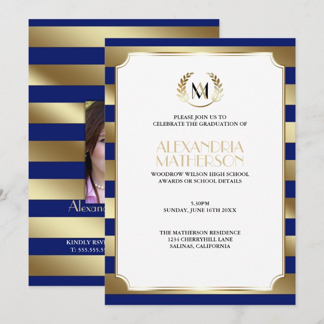 Convites Monograma MUDANÇA COR & Dourada Graduação de faixa (Frente/Verso)