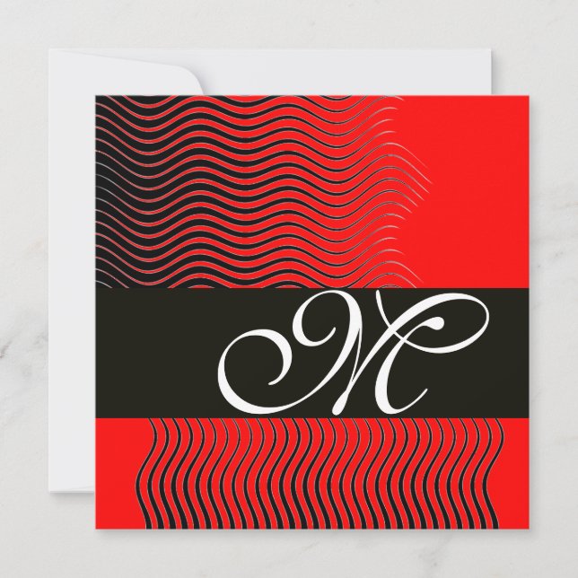 Convites MONOGRAMA na moda WAVES, preto e branco, vermelho (Frente)