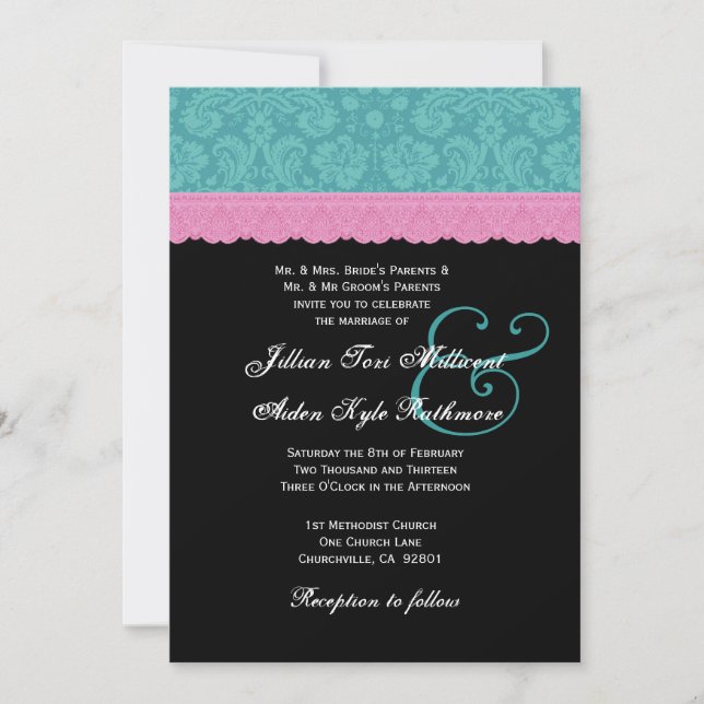 Convites Monograma P524 de Casamento de Azar e Azul-Rosa (Frente)