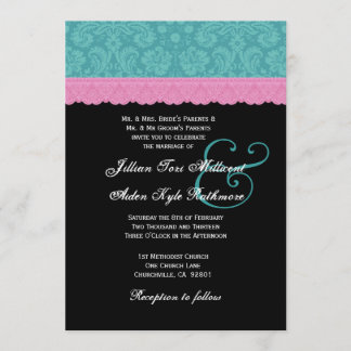 Convites Monograma P524 de Casamento de Azar e Azul-Rosa