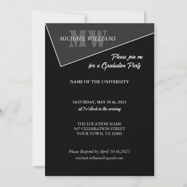 Convites Monograma Preto Cinza Artístico Moderno (Frente)