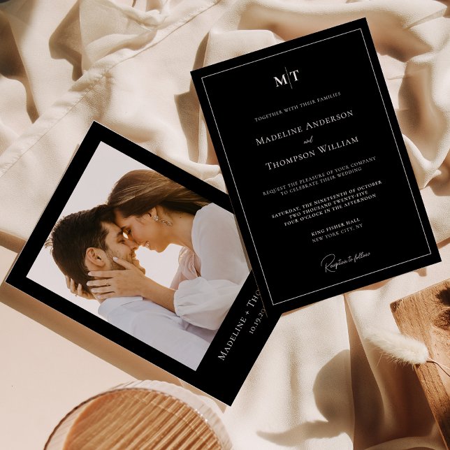 Convites Monograma preto clássico com casamento de fotos de (Criador carregado)