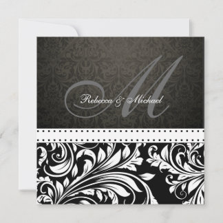Convites Monograma preto e branco elegante para Damasco