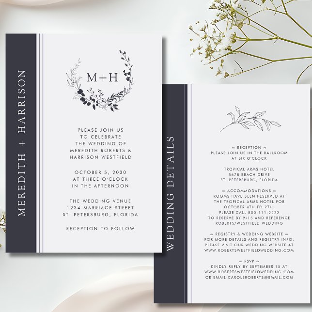 Convites Monograma Preto e Branco Tudo em Um Casamento (Monogram Black and White Inked Botanical All in One Details on Back Wedding Invitation)
