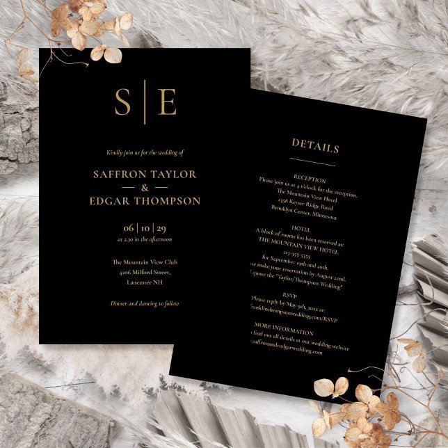Convites Monograma Preto E Dourado Tudo Em Um Casamento (Black And Gold Monogram All In One Wedding Invitation)