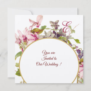 Convites MONOGRAMA ROMÂNTICA, CICLAMENES ROSA, Floral