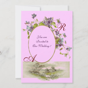 Convites MONOGRAMA ROMÂNTICA / VIOLETAS, verde roxo, rosa