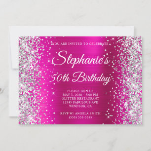 Convites Monograma Rosa Quente de Silver Glitter 50º Aniver