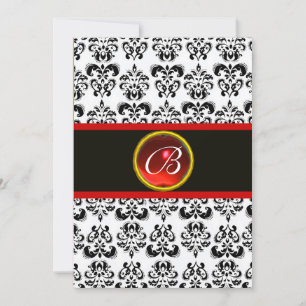 Convites MONOGRAMA RUBI VERMELHO DAMASCO, preto e branco