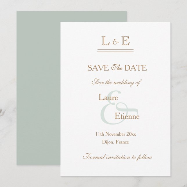 Convites Monograma Salva Data Ampersand Dourado Sage Branco (Frente/Verso)