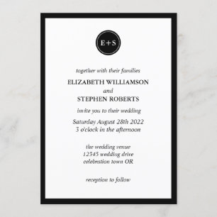 Convites Monograma Simples Casamento Preto e Branco