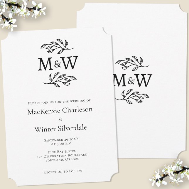 Convites Monograma Simples de Casal de Casamento Mínimo (Wedding couple monogram initials botanical leaf sprig minimalist wedding invitation)