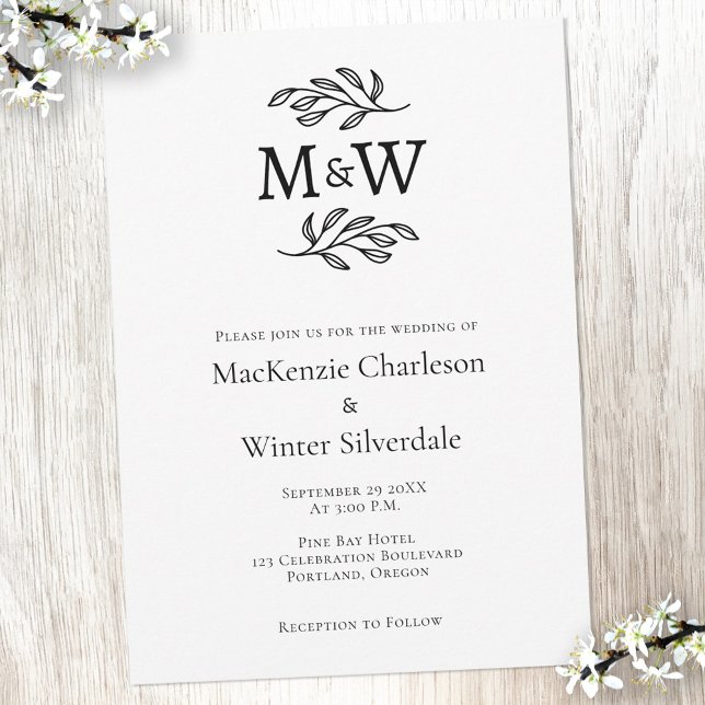 Convites Monograma Simples de Casal de Casamento Mínimo (Wedding couple monogram initials simple elegant botanical wedding invitation)