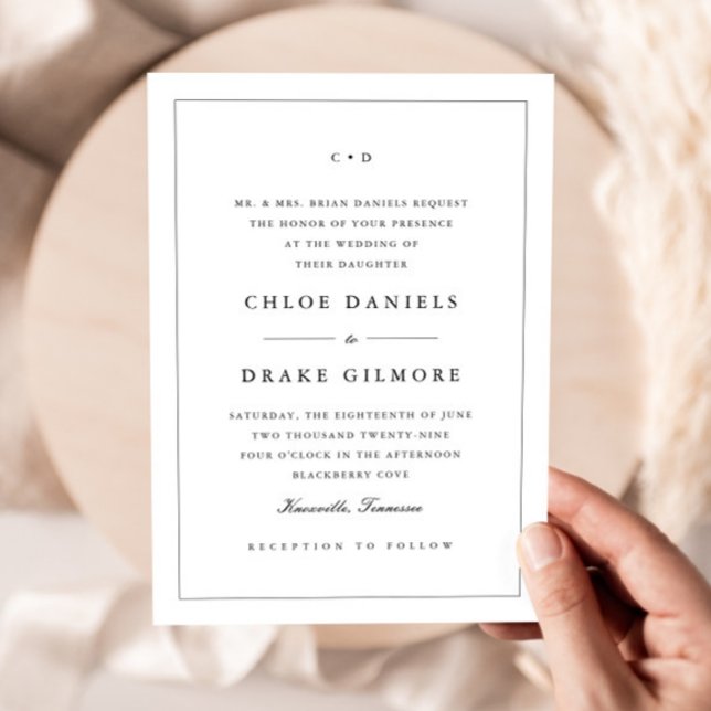 Convites Monograma Simples de Casamento Preto e Branco (Simple Black and White Wedding Monogram Invitation.)