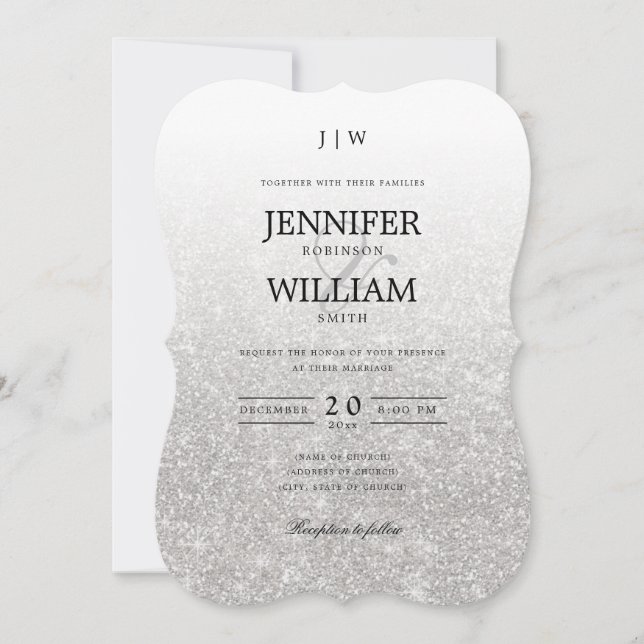 Convites Monograma Simples de Silver Glitter Casado Elegant (Frente)
