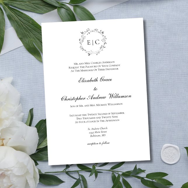 Convites Monograma Simples Tradicional Formal Elegante Casa (Elegant Monogram Laurel Wreath Traditional Formal Classic Black White  Minimalist Wedding Invitation)