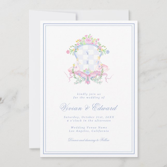Convites Monograma Swan Crest Azul Costeiro Casamento (Frente)