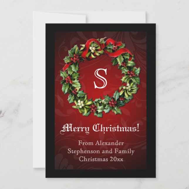 Convites Monograma (Tradicional Red Christmas Wreath) (Frente)