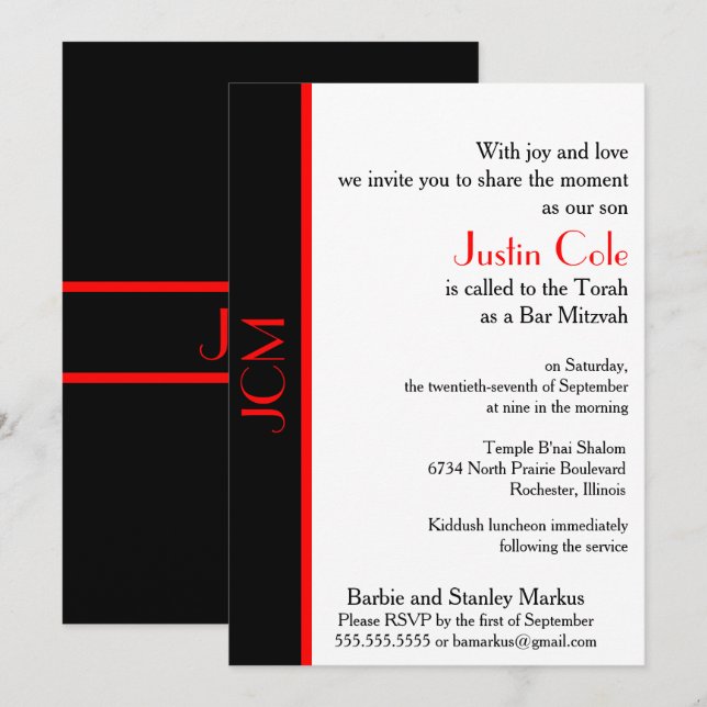 Convites Monograma Vermelho Preto Bar Mitzvah em Branco (Frente/Verso)