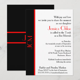 Convites Monograma Vermelho Preto Bat Mitzvah em Branco
