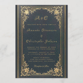 Convites Monograma Vintage Elegante Dourado no Casamento Az