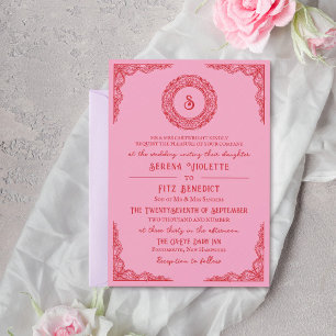 Convites Monograma Vintage em Renda Desenhada à Mão Rosa Ve