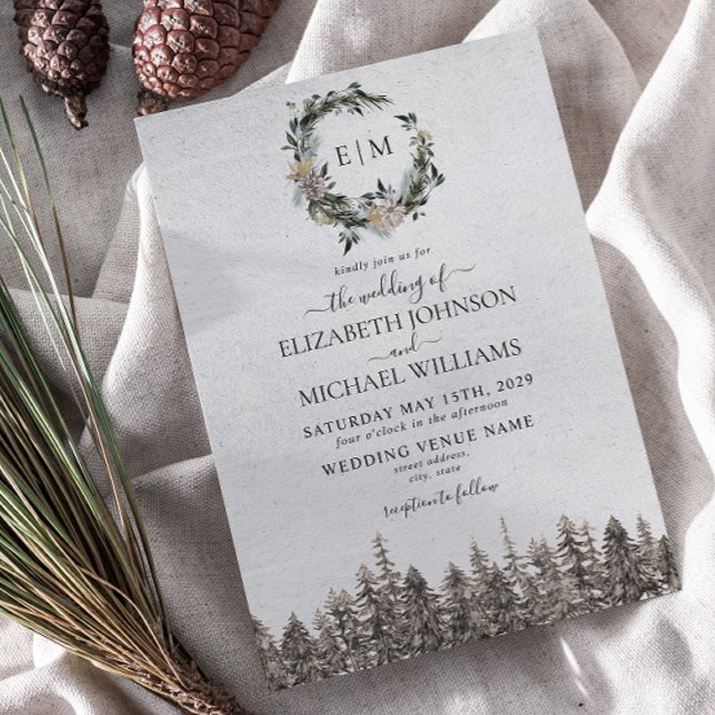 Convites Monograma Wercolor Floral Wreath Casamento (Winter Wedding Invitation)