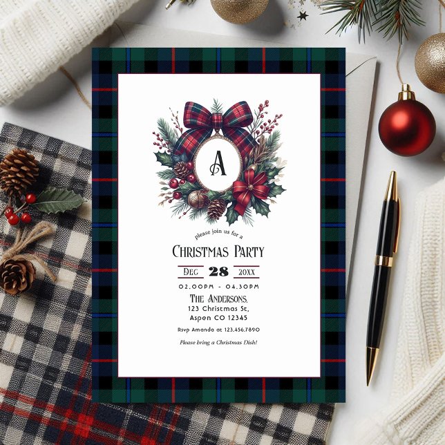 Convites Monograma Wreath Vintage Festa de Natal (Monogram Wreath Vintage Plaid Christmas Party Invitation)