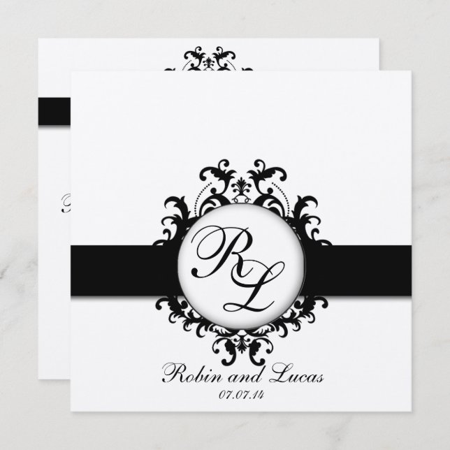 Convites Monogramas chiques do damasco que Wedding o branco (Frente/Verso)