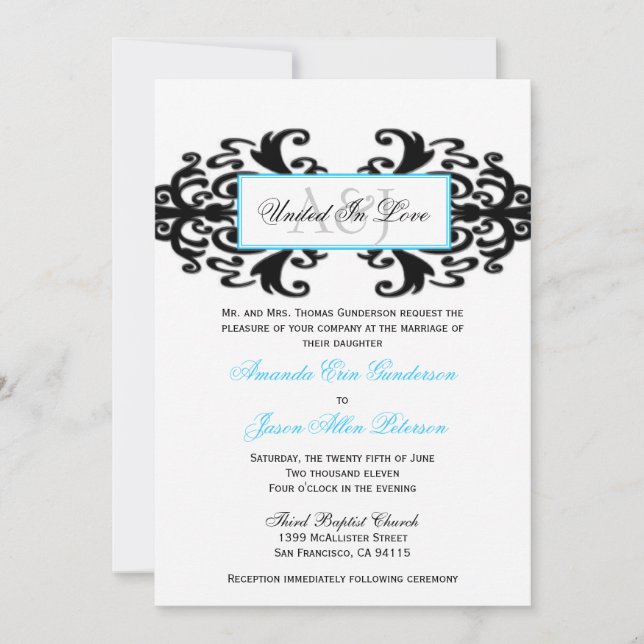Convites Monogramas de Casamento tema damasco Ornamental (Frente)