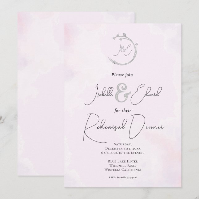Convites Monogramas de Pássaros do Amor Cinza Aquarela Rosa (Frente/Verso)