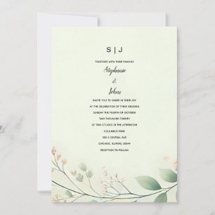 Convites Monogramas Folhas Florais Sage Green Beige Casamen