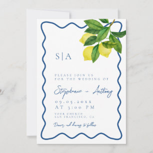 Convites Monogramas Limão Cítrico, Borda Onda Azul Casament