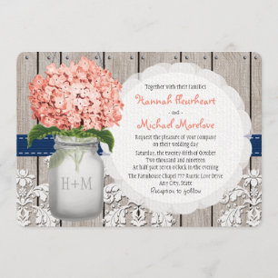 Convites Monogrammed Mason Jar Coral Marinho Hydrangea Casa