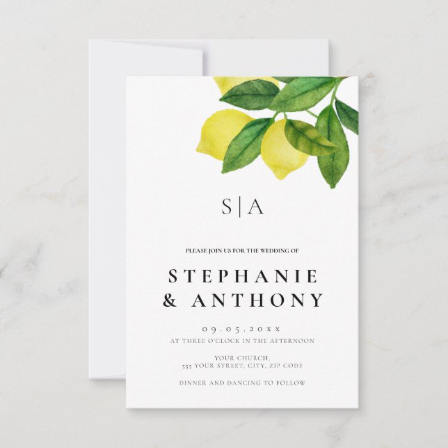 Convites Monograms Lemon Branch Greenery Wedding (Frente)
