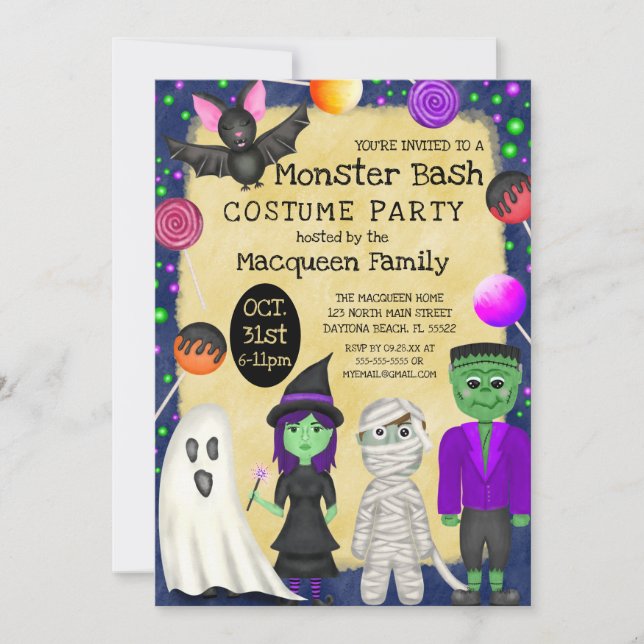 Convites Monster Bash Costume Halloween (Frente)