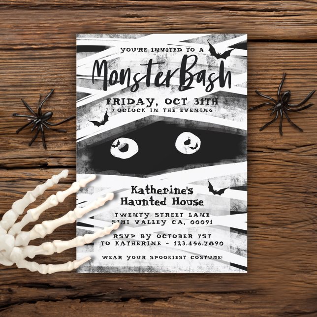 Convites Monster Bash | Festa de Dia das Bruxas Preta e Bra (Monster Bash | Black & White Mummy Halloween Party Invitation)