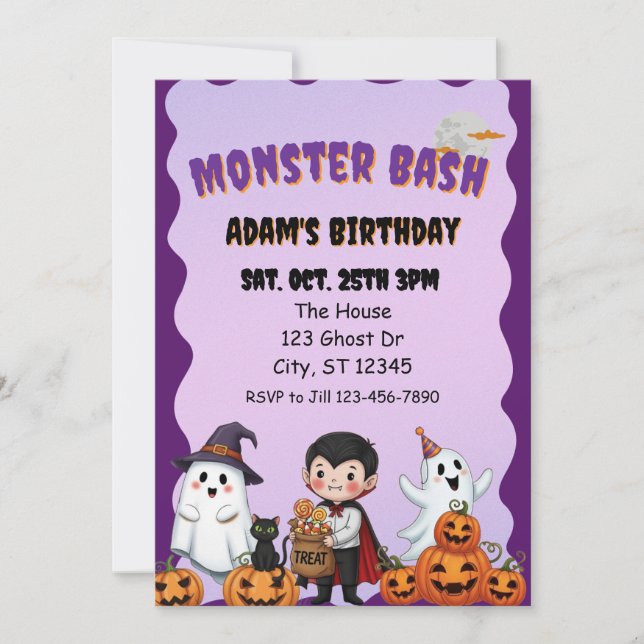 Convites Monster Bash, Halloween birthday (Frente)