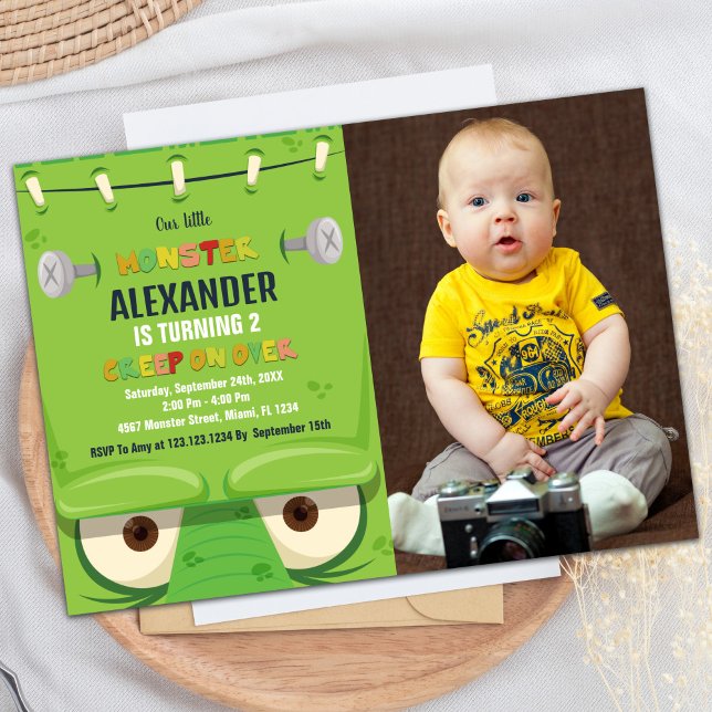 Convites Monster Birthday Invances, foto do Monstro Verde (Monster Birthday Invitations, Green Monster photo Invitation)