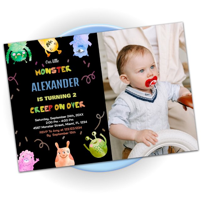 Convites Monster Birthday Invances Orange Black foto (Monster Birthday Invitations Orange Black photo)