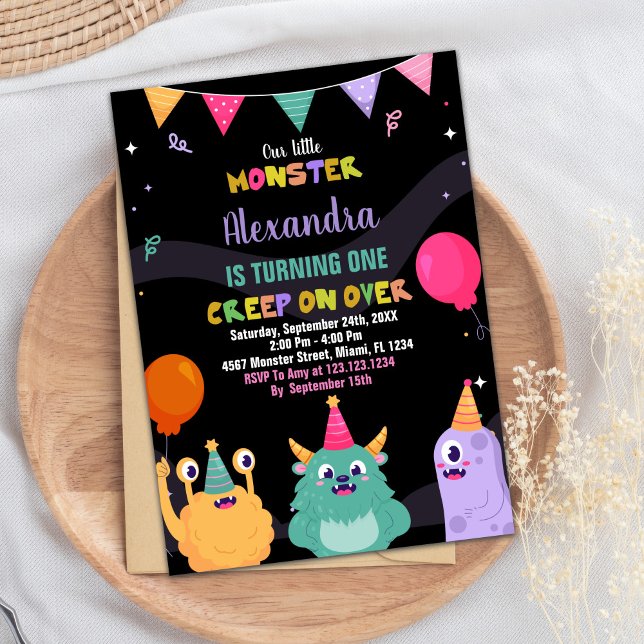 Convites Monster Birthday Invances Rosa Ballon Preto (Monster Birthday Invitations Pink Ballon Black)