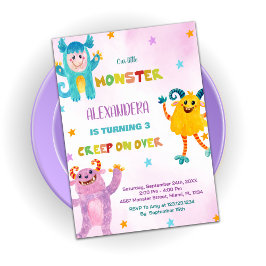Convites Monster Birthday Invisions pink roxo