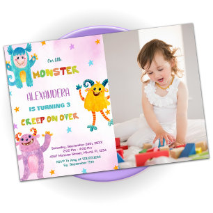 Convites Monster Birthday Invisions pink roxo w Photo
