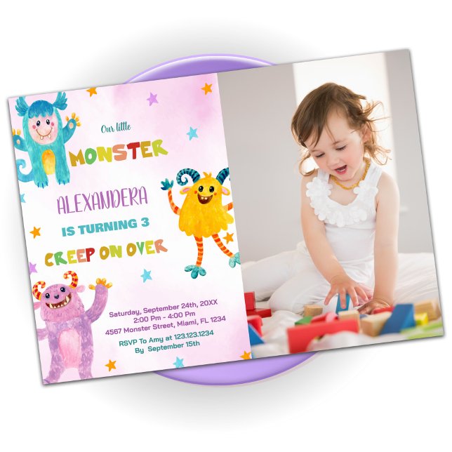 Convites Monster Birthday Invisions pink roxo w Photo (Monster Birthday Invitations pink purple w Photo)